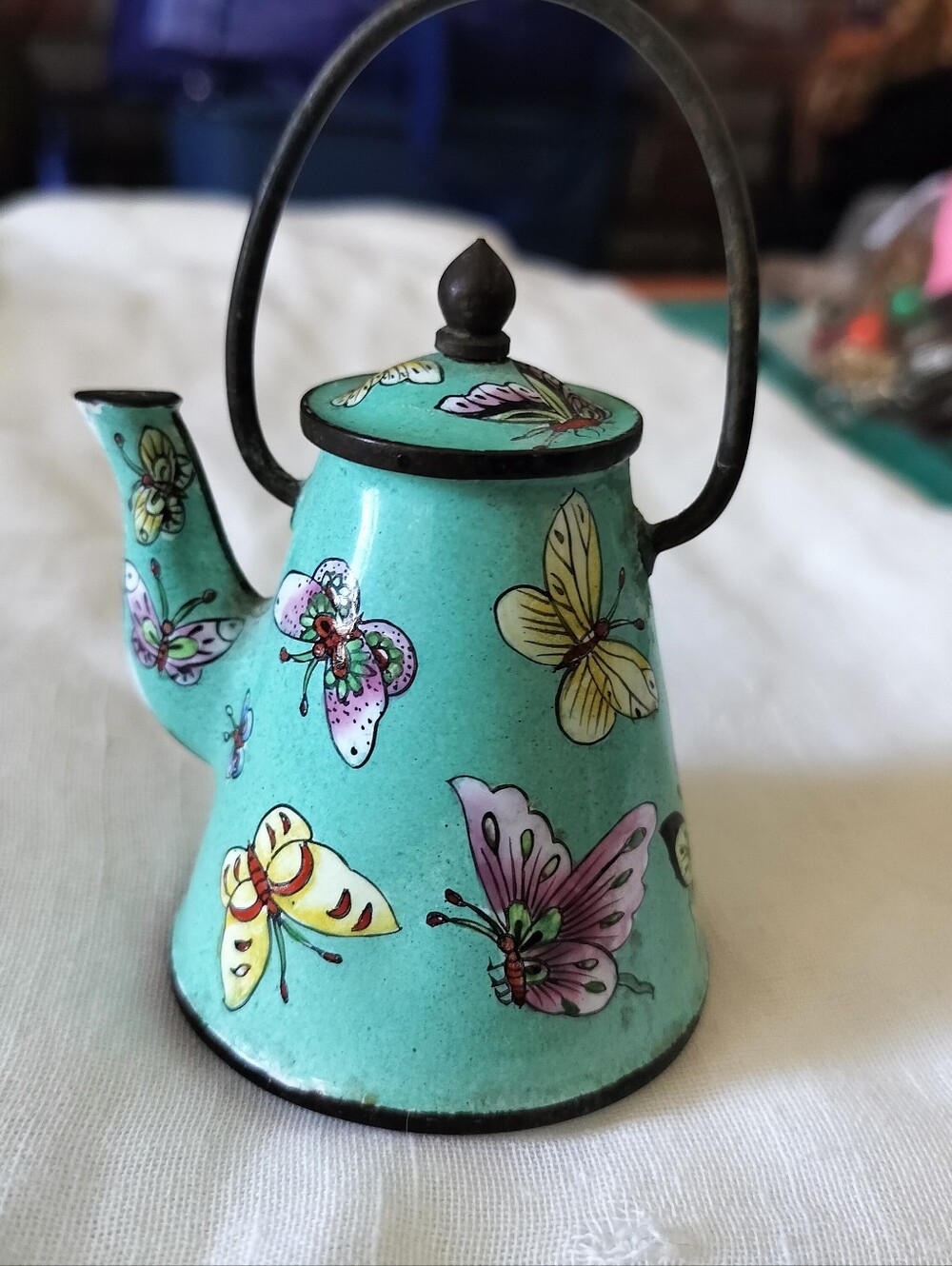 Vintage Empress Arts Enameled Metal Green Butterflies Mini Teapot